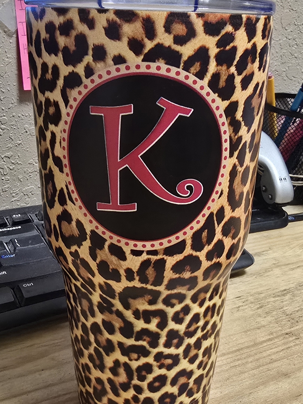Leopard Print Travel Tumbler with Red 'K' Monogram - Brown/Cream